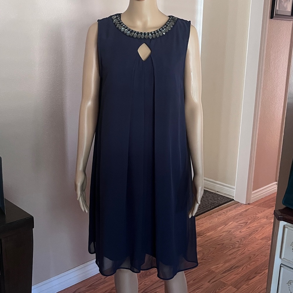 Dressbarn Navy Blue Jeweled Neck Sleeveless Dress - Size 12